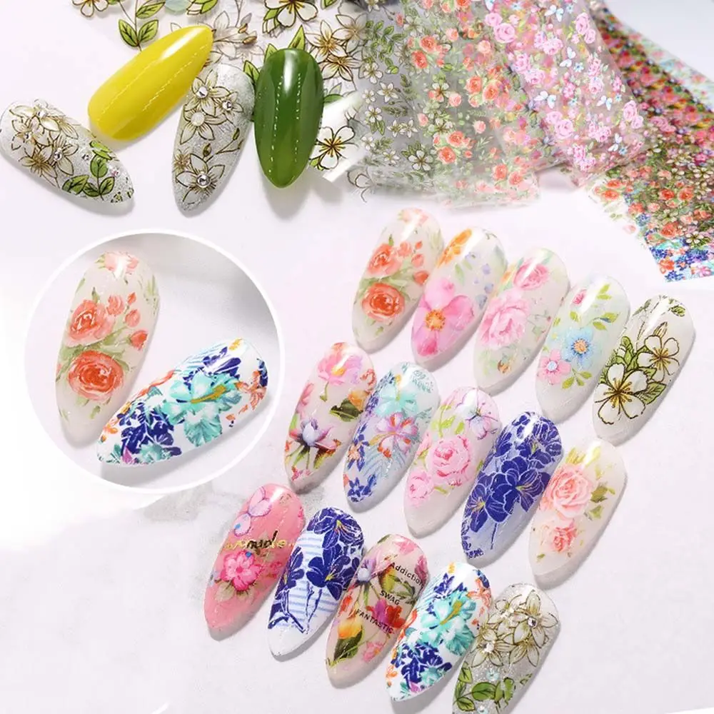 Estilo japonês Floral Transferência Foils Prego Adesivos, Envoltórios Completos, Sliders Decalques, Nail Art Acessórios, Manicure Decoração