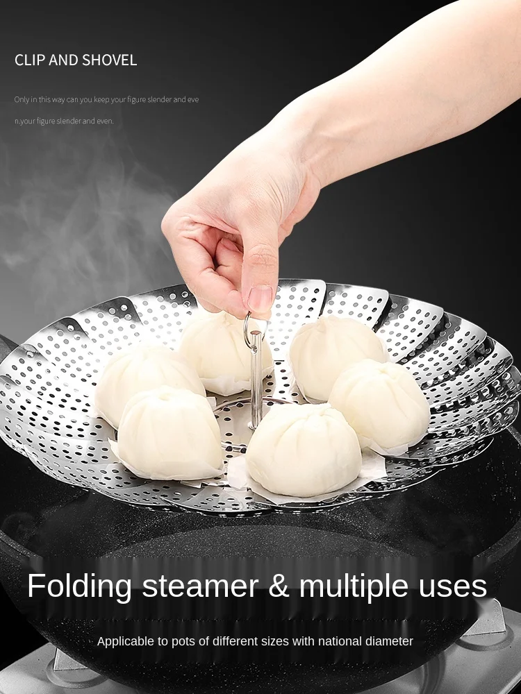 Stainless Steel Retractable Steamer Folding Steamer Household Waterproof round Steaming Plate Steamer Small Steamer Fruit Basket