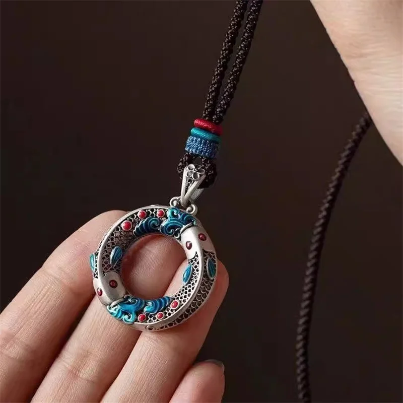Ethnische Emaille-Koi-Halskette für Damen, Vintage-Glücksbringer-Anhänger, Sicherheitsschnalle, Choker-Accessoires