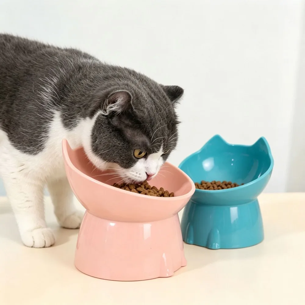 WhiskerWare Elevated Cat Bowl 1pc Anti-Tip Raised Pet Food Water Dish Tilted Edge Neck Protection Feeding Bowl