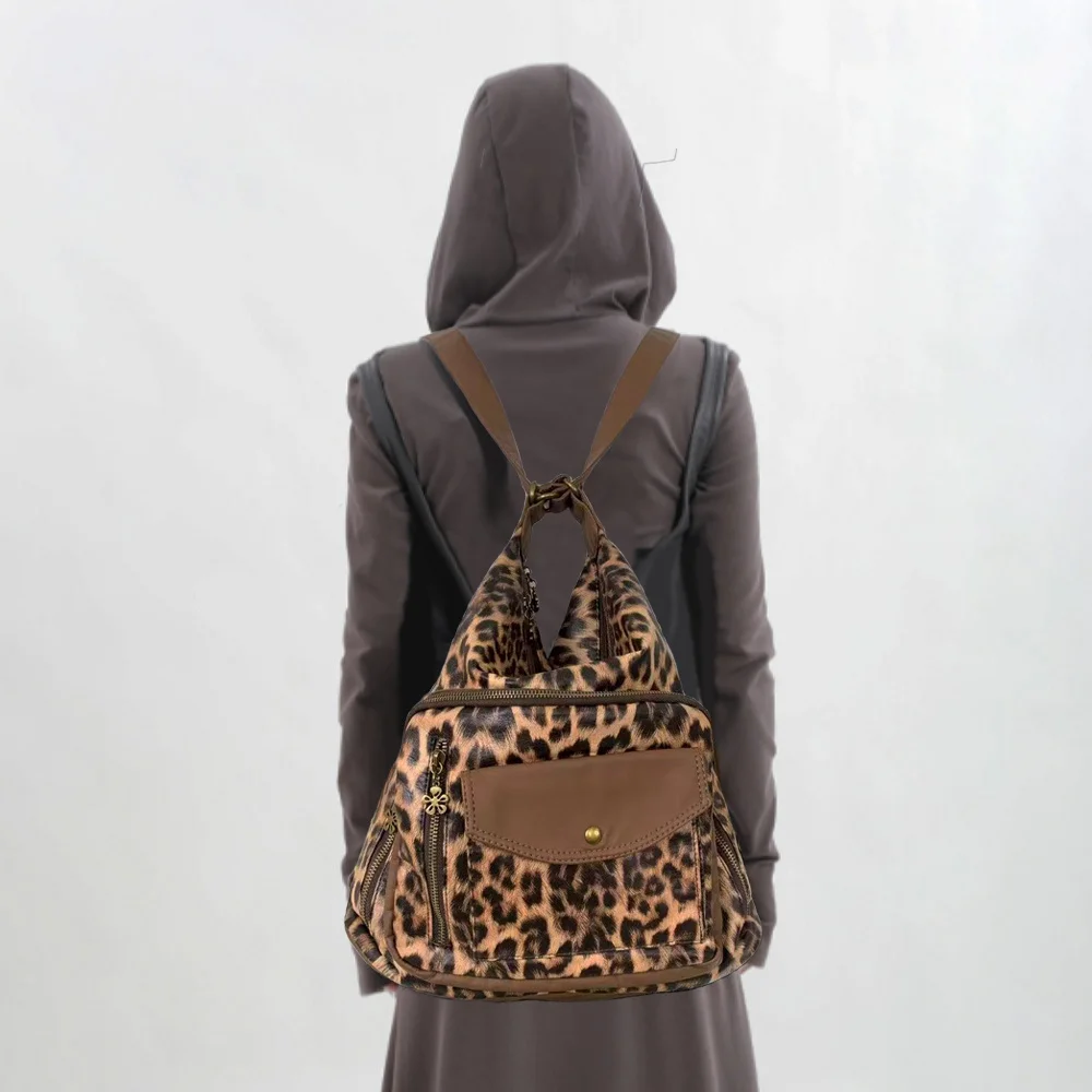Ladies' fashionable multi pocket motorcycle shoulder bag with large capacity retro washed leopard print crossbody backpack - view 3