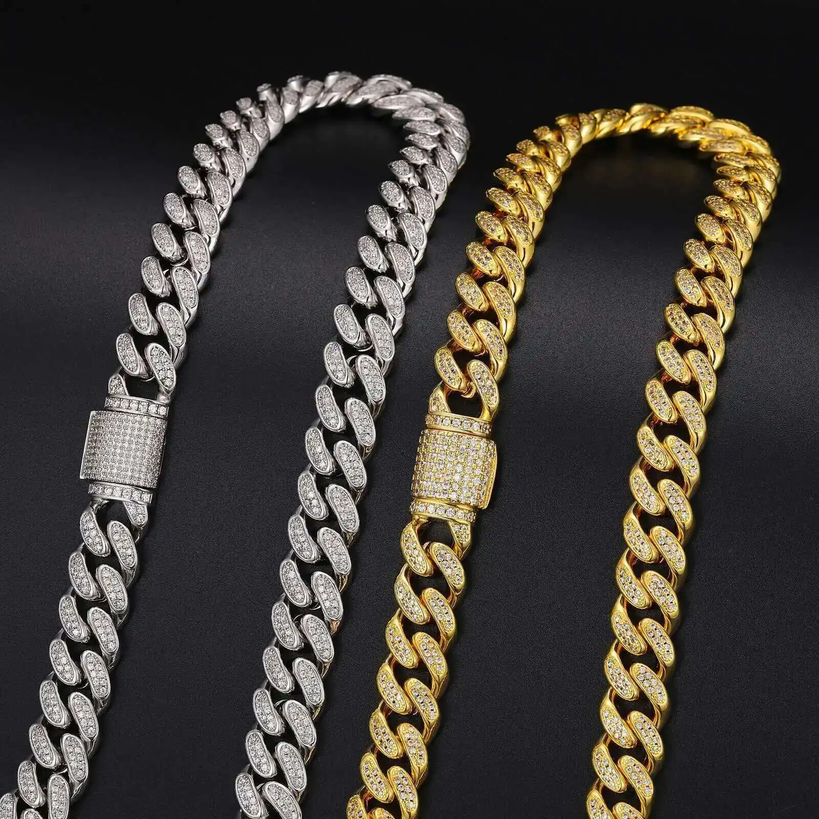 

Fashion 12mm 10k 14k 18k Gold Plated 925 Sterling Silver Lab Created Moissanite Flower Charm Miami Cuban Link Chain