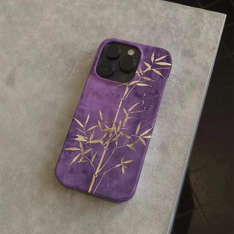 Stylish Golden Bamboo Design on Purple Background Phone Case for iPhone 16 15 14 11 12 13 Pro Max Plus Back Cover