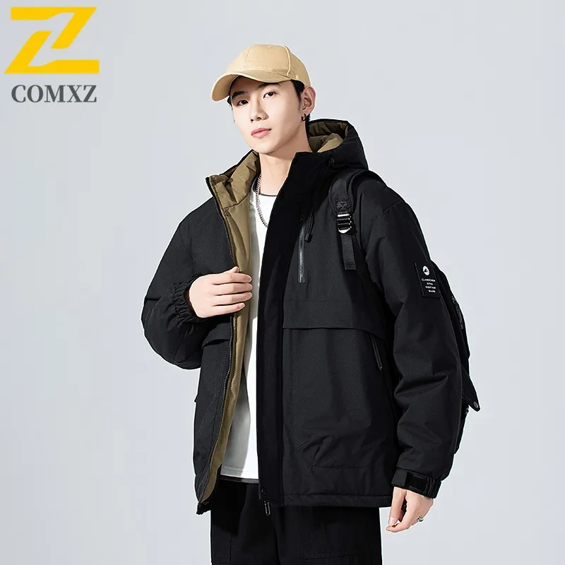 COMXZ Mens Stand Collar Fleece Lined Diamond Quilted Puffer Hooded Jacket Winter American Style Waterproof And Windproof Coat