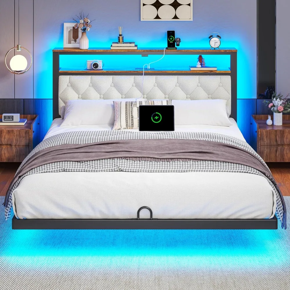 إطار سرير عائم كامل مع لوح رأسي، وإطارات سرير عائمة LED مع قاعدة شحن ومسند ظهر منجد، ورف تخزين