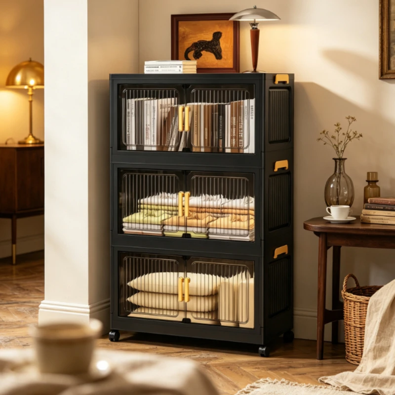 Foldable Storage Cabinet with Wheels, Double Door Magnetic Lock Plastic Rack, Stackable Large Capacity Organizer for Kitchen