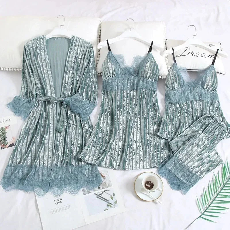 

88121-4Gold velvet pajamas women's sexy lace four-piece suit can be worn with foreign style home clothes