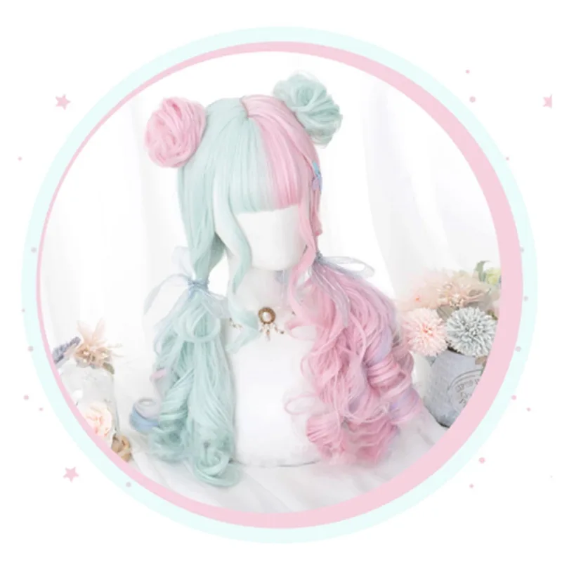 GAKA Lolita Long Curly Synthetic Double Color Bun Wig Long Wig Slightly Curly Head Cover Bangs Fashion Beauty Gradient Hood