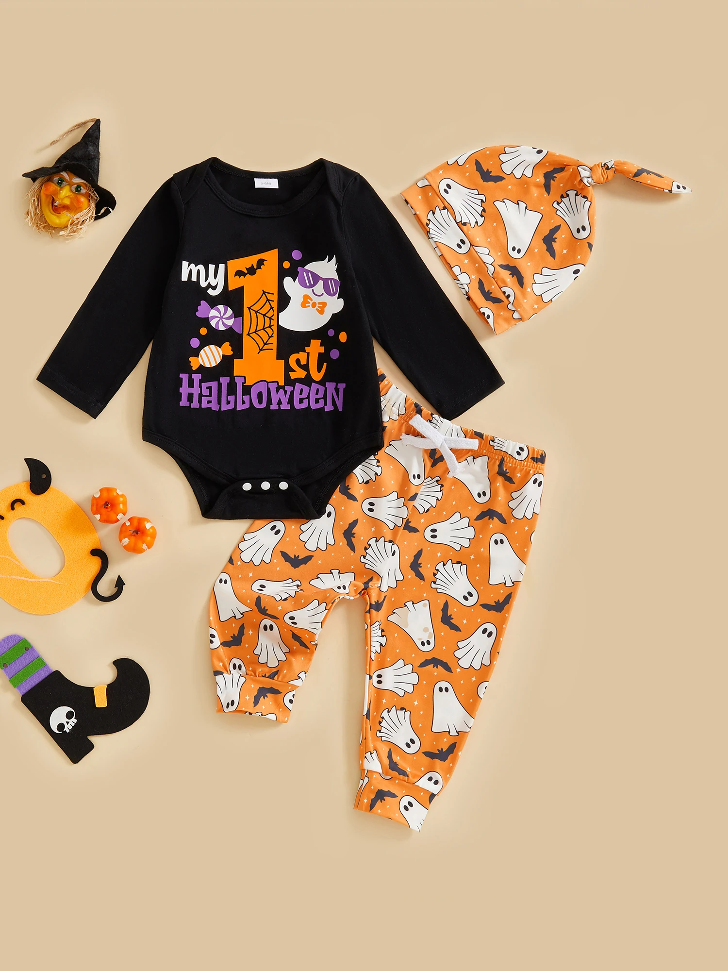 

Милый комплект костюма на Хэллоуин для маленьких девочек с боди с принтом тыквы, полосатые штаны и шляпа ведьмы, осенний наряд из 3 предметов для малышей