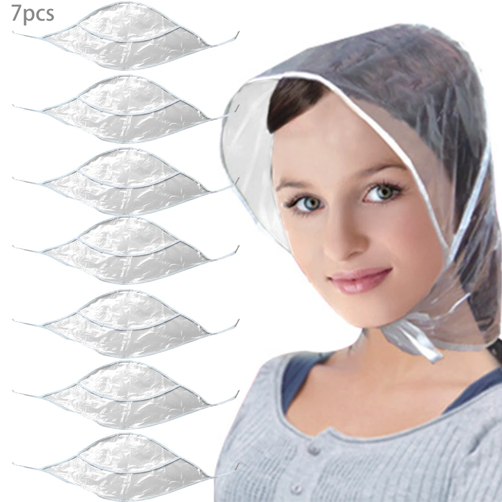 7pcs Rain Bonnet with Visor Clear Waterproof Rain Scarf Protect Hairstyle Plastic Rain Hats for Women Lady Rain Wear