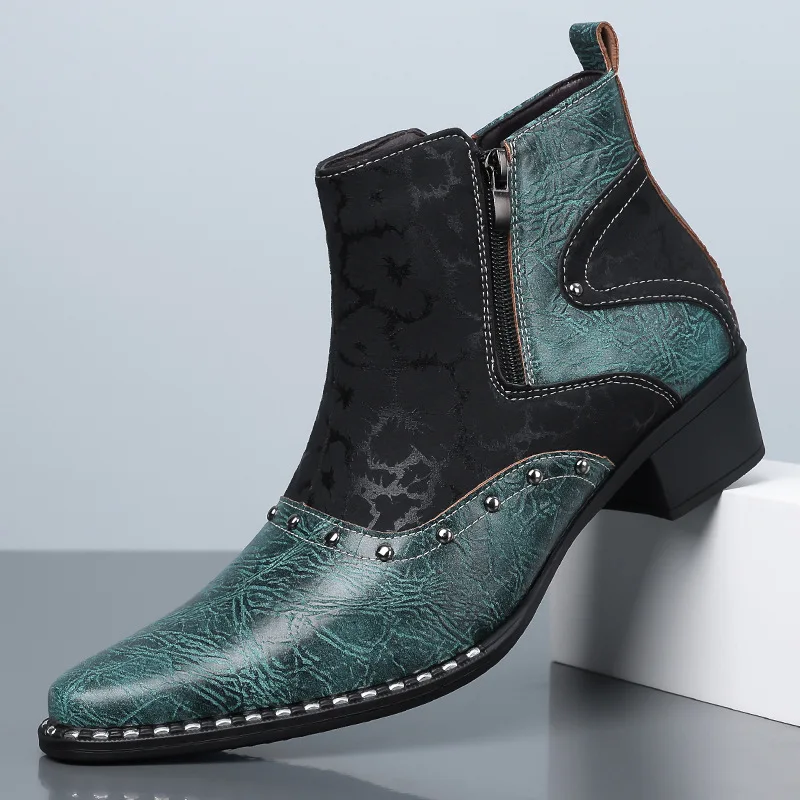 2027 Western Cowboy Ankle Boots Leather Side Zipper Rivet Decor Color Block Printed Pointed Toe Block Heel New Fashion Men Shoes