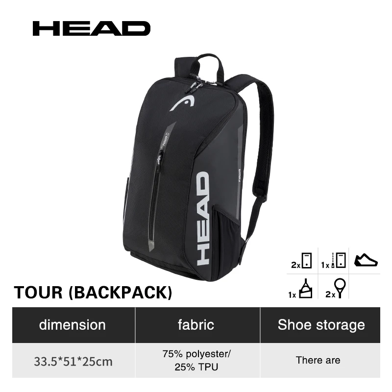 HEAD Racquet Sport Bag TOUR Series 1-2Pcs Black Shoulders Bag Tennis Racket Bag Court Bag Badminton Racket Backpack And Shoe Bag