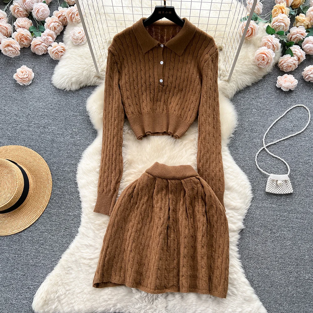 

Croysier Twist Knit Sets Button Up Cropped Pullover Sweater And Mini Skirt Two Piece Set Autumn Winter Clothes For Women 2023