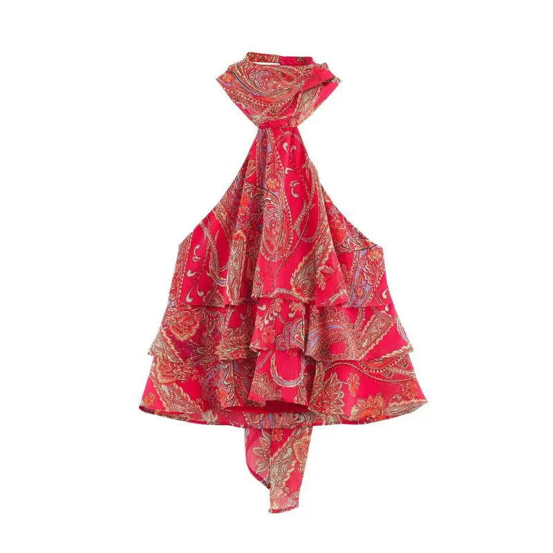 Maxdutti Southern French Elegant Autumn Paisley Printed Bow Halter Neck Sexy Shirt Blouse Top Belt Skirt Sets Woman Clothing