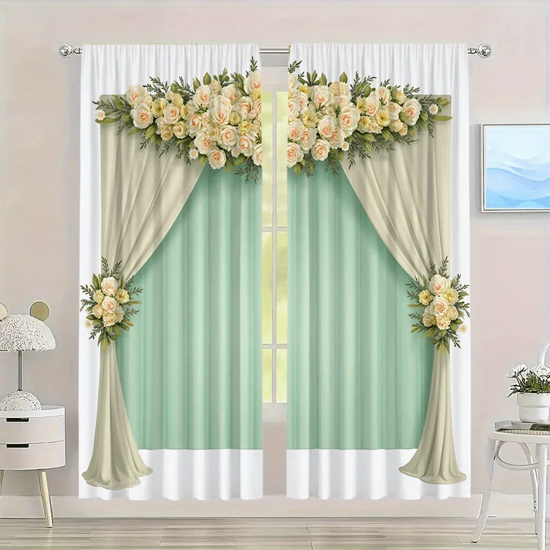 2pcs Blackout Curtains – Elegant Floral Arch Design in White & Green Polyester for Living Room & Bedroom with Rod Pocket