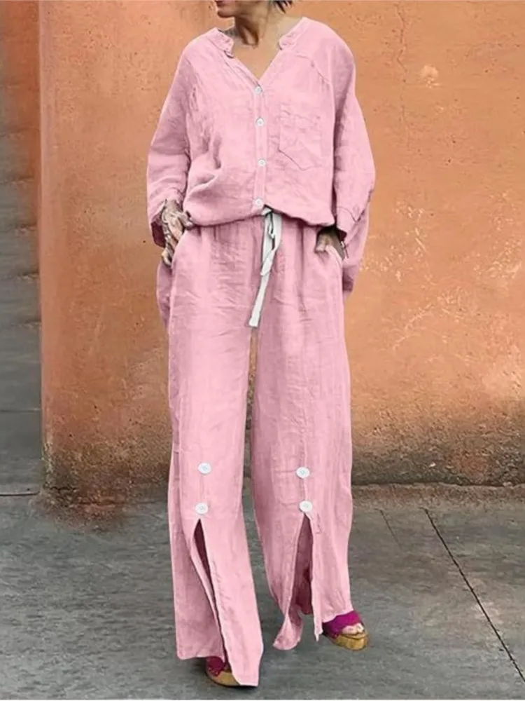 

Casual V Neck Loose Two Piece Outfits Woman Fashion Solid Button Long Sleeve Tops+High Waist Wide Leg Pants Set Lady Clothes New