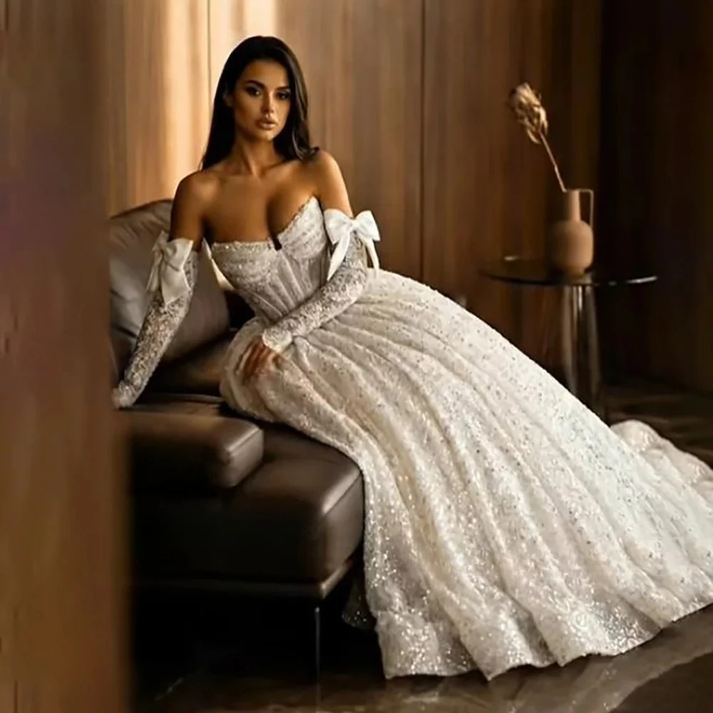 Customized Cottagecore Strapless Detachable Bow Long Lace Sleeve Sequined Tulle Ball Gown Floor Length Wedding Dress