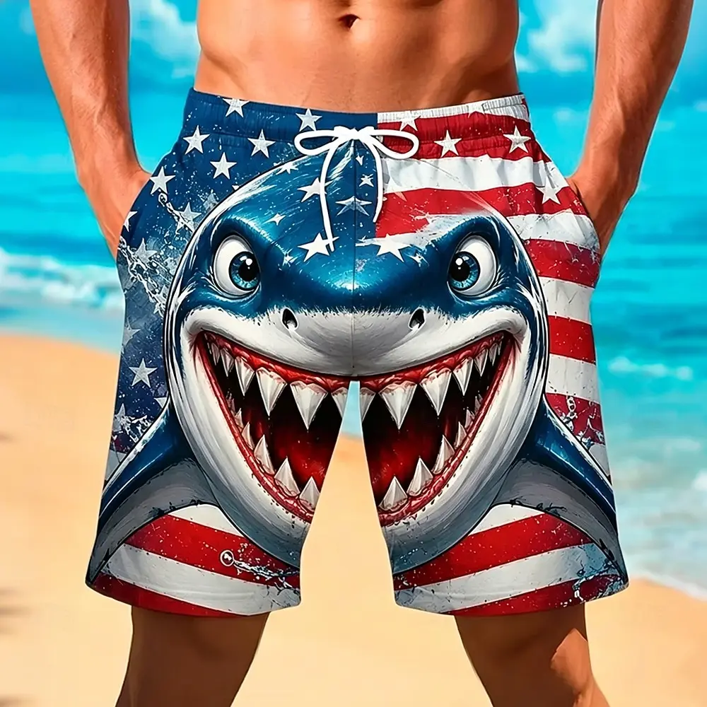 

Men's American Flag Shark Print Drawstring Shorts, Casual Loose Swim Trunks For Spring Summer Beach & Vacation Wear