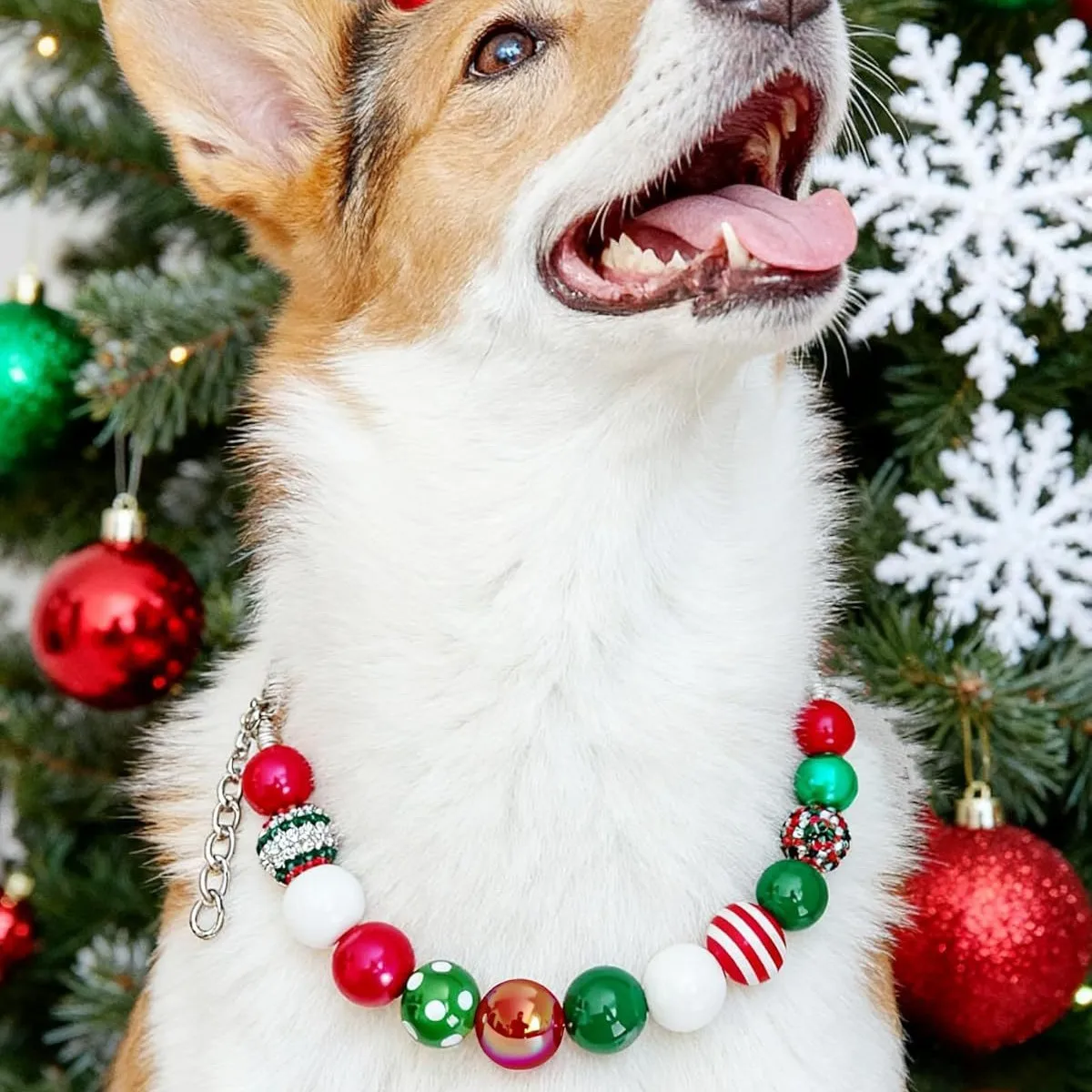 Christmas Pet Necklace Colorful Beaded Collar Red Green White Acrylic Beads Alloy Chain Holiday Jewelry for Dogs Cats Small Pets