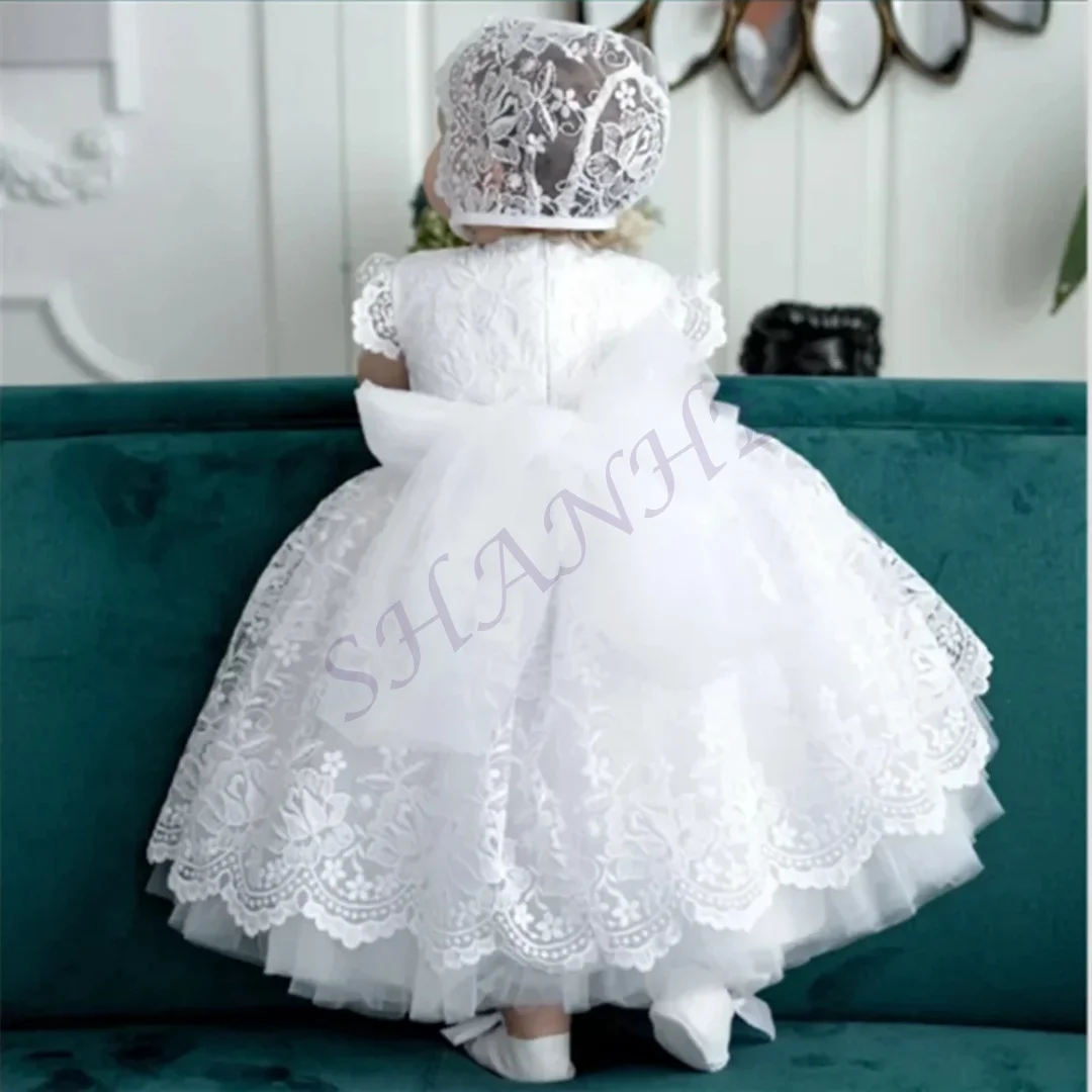 

Белое платье с цветочным узором для девочек по индивидуальному заказу, тюлевые пышные аппликации с пайетками и бантом, рукав до половины рукава для свадьбы, дня рождения, Святого причастия
