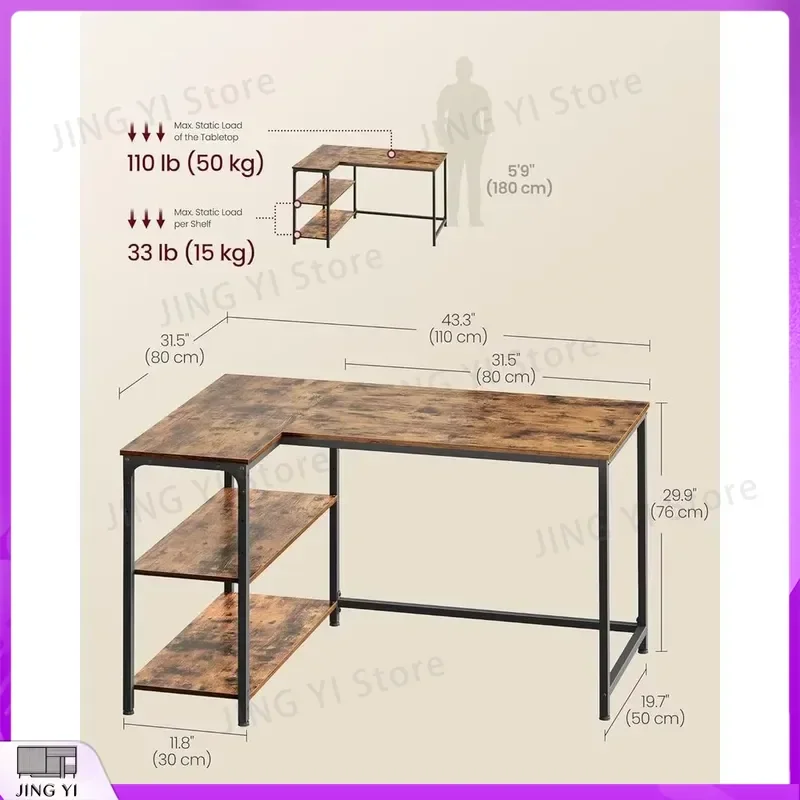 L Shaped Gaming Desk with Storage Adjustable Shelves 110cm x 80cm Rustic Brown Computer Desk for Office Home Study