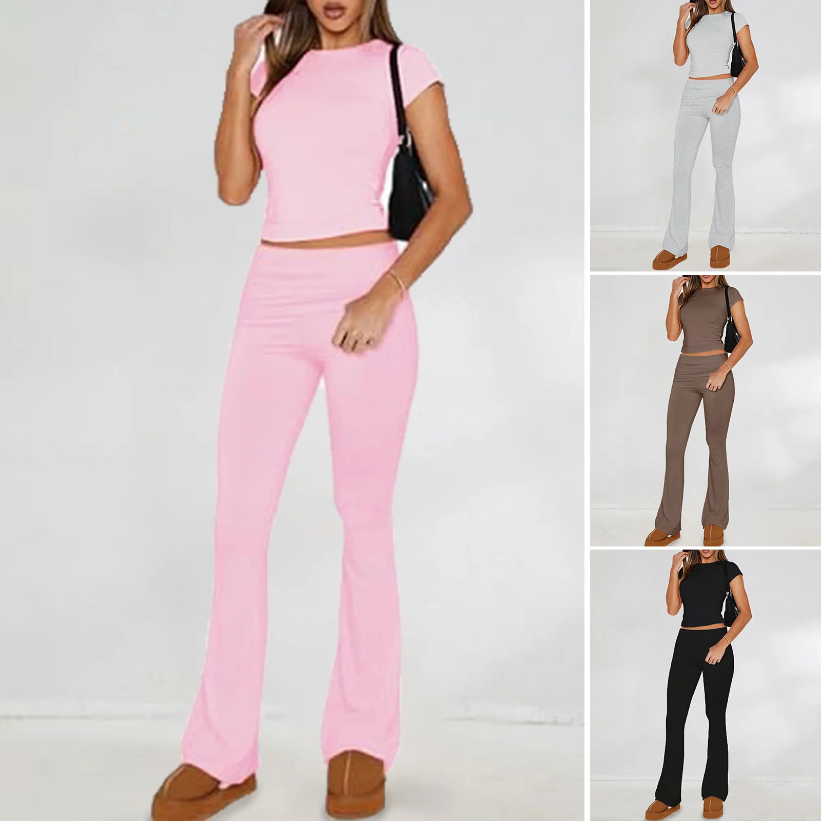 Sweet Sports Style Pants for Women Trousers Two Piece Set 2024 Spring Summer Streetwear Casual Solid Slim Short-sleeve Suit