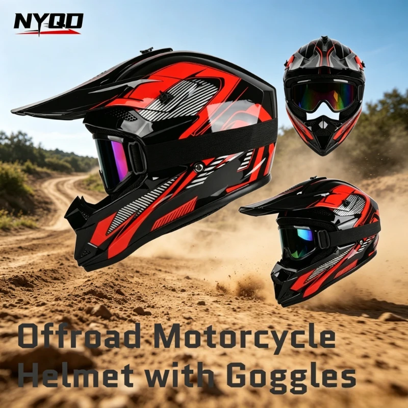 Off Road Motocross Helmet Goggles Set - Kask motocyklowy na całą twarz, oddychający,