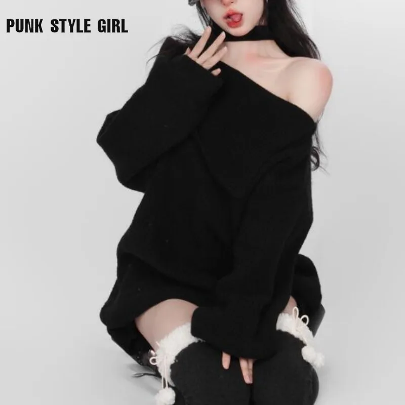 Loose Kpop Black Knit Halter Sweater Women Off Shoulder Sexy Y2K Long Sleeve Pullovers Jumpers Female Lazy Wind Gyaru Jerseys