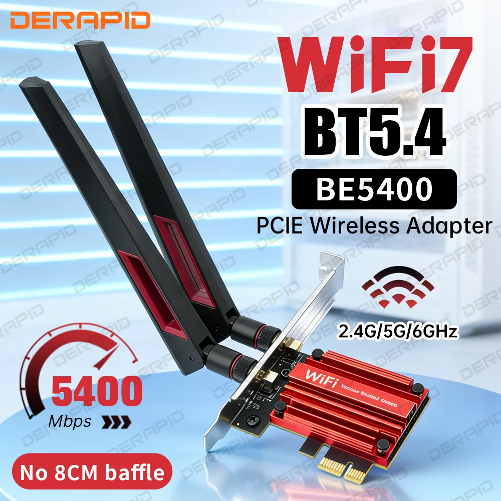

WiFi 7 BE5400 PCIe Network Card MT7925 Chip Bluetooth 5.4 2.4G/5G/6GHz for Windows 11/10 Gaming Streaming Like BE200
