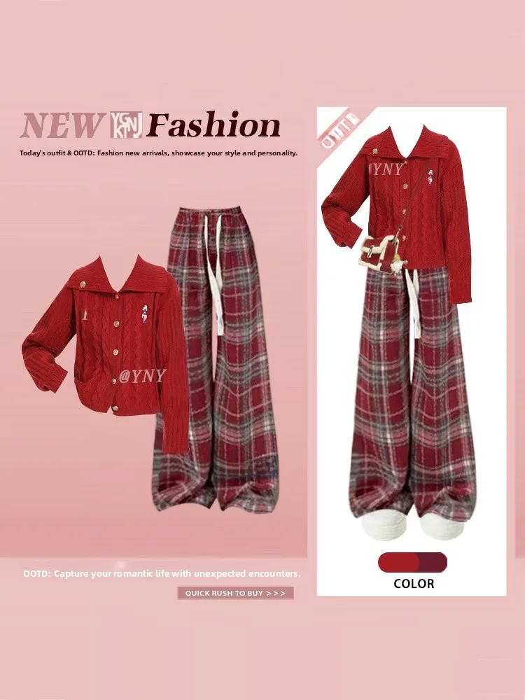 

Christmas Red Knitted Embroidered Sweater And Wide Leg Pants Casual Winter Outfit Two Piece Set High Waist Trousers Cardigan