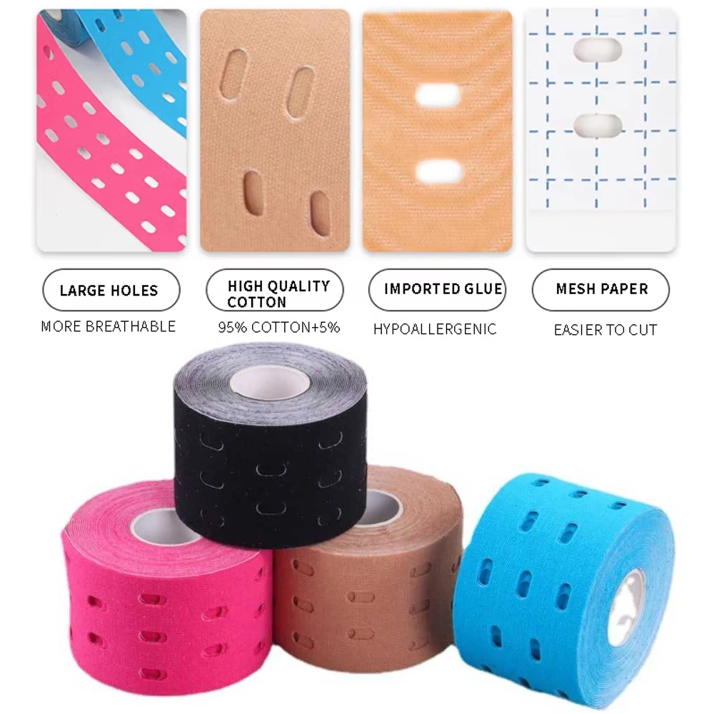 2Rolls Punch Hole Cotton Waterproof Therapeutic Kinesiology Tape for Support & Recovery, Sports, Pain Relief