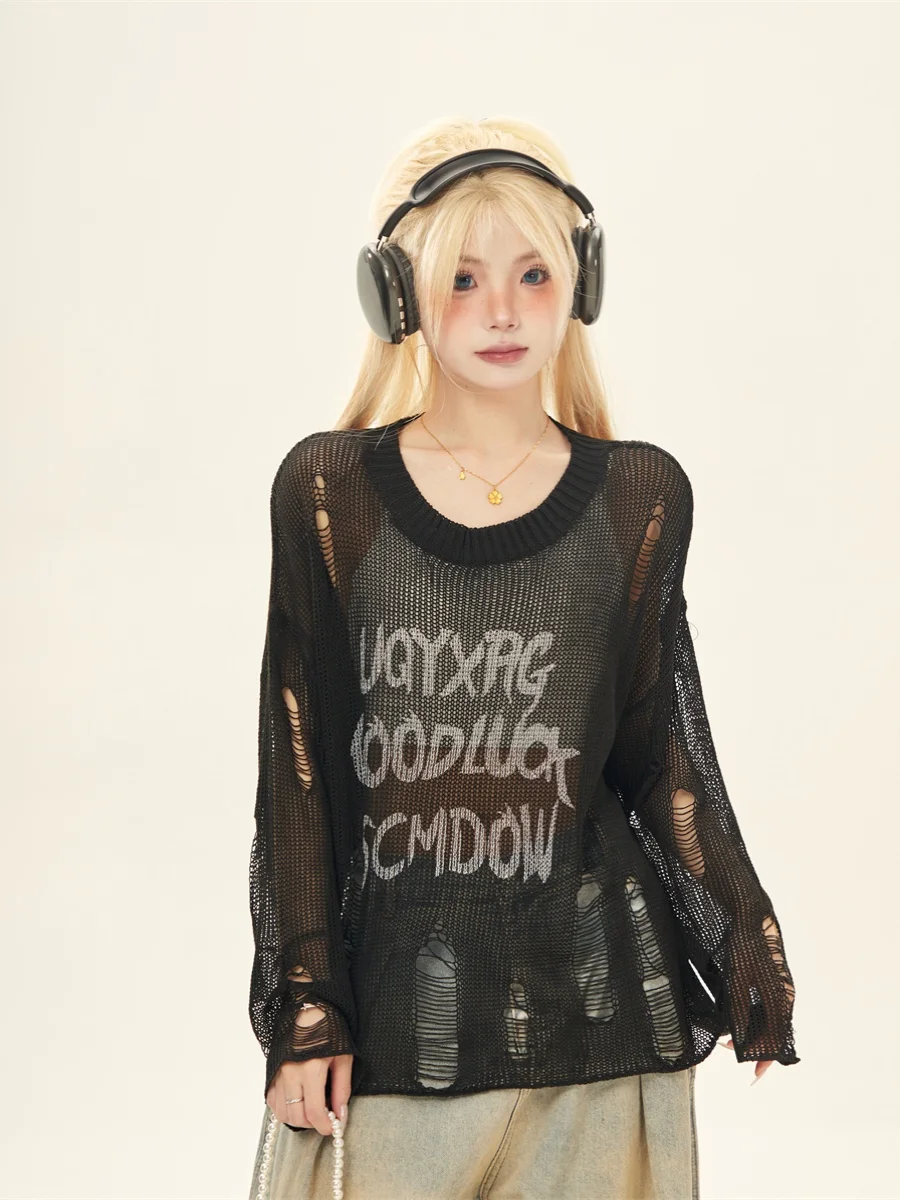 Women's Loose Long Sleeve Knitted Sun Protection Top Hollow out Design See through Outerwear Korean Style Polyester Fiber