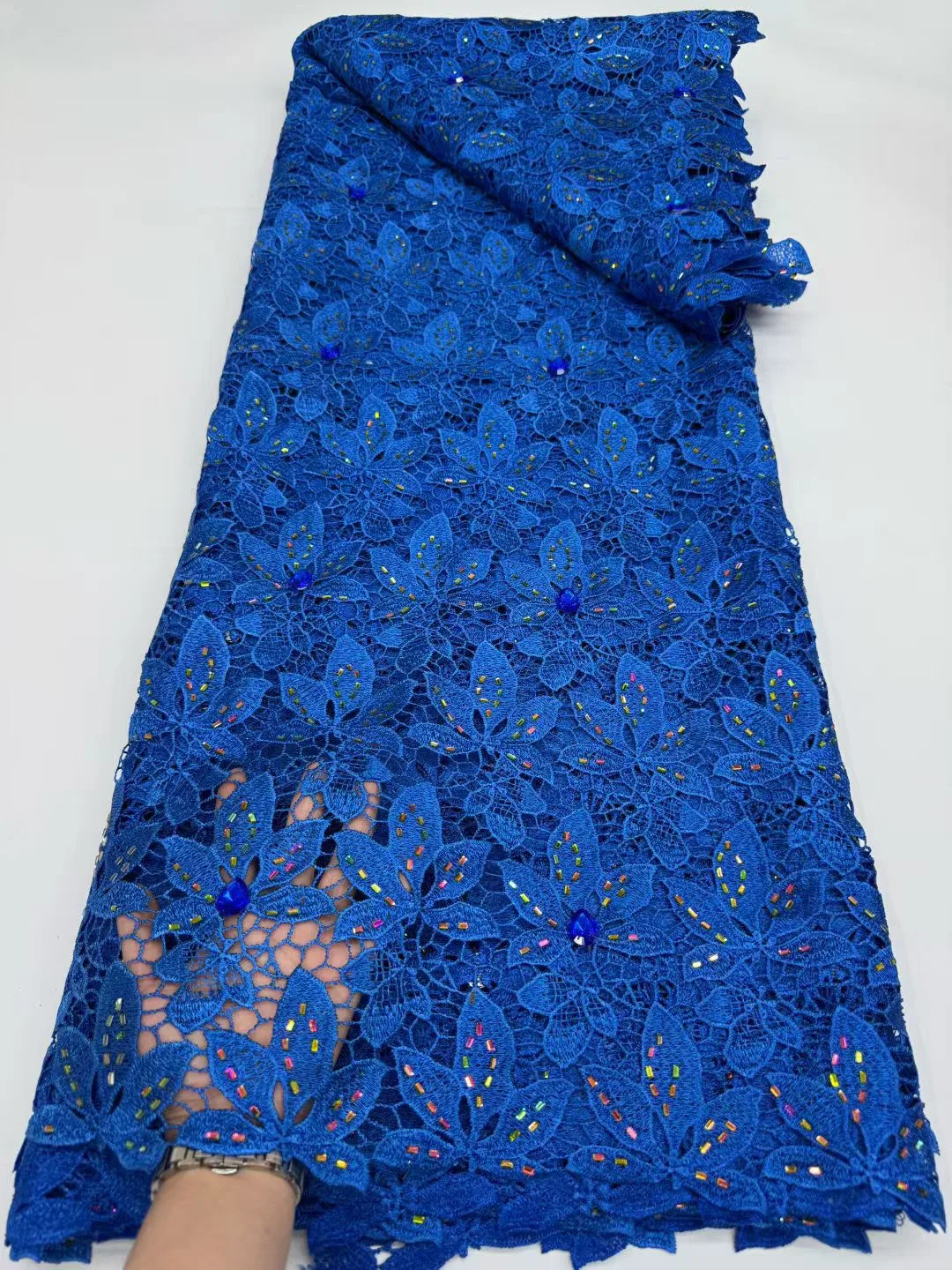 

5Yards Royal Blue Guipure Lace Fabric African Cord Lace Fabric High Quality Nigerian Water Soluble Material With Stone Dress 743