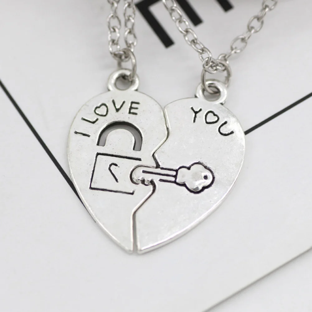

1 Pair Letter Heart Pendant Necklaces Key Lock Engraved Couple Lovers Jewelry Gift Valentine'S Day Birthday