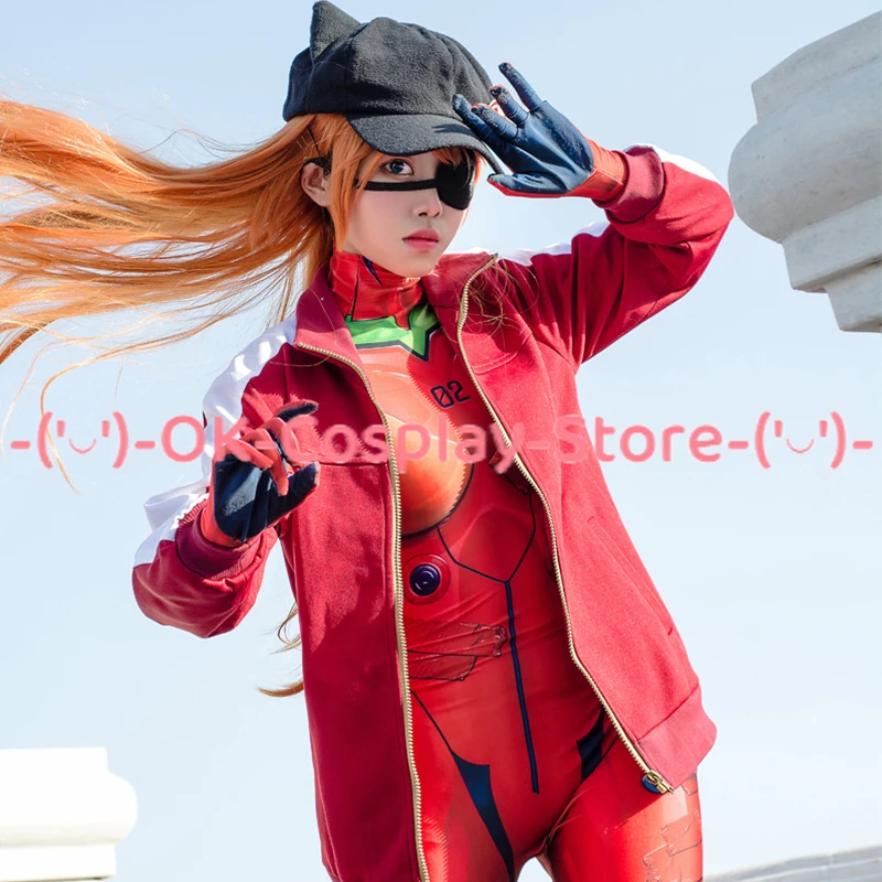 Asuka disfraz de Cosplay para mujer, abrigo y sombrero de EVA, uniformes de Carnaval de Halloween hechos a medida