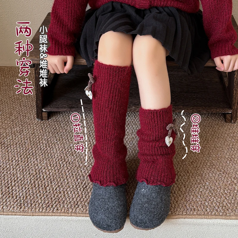 Little Girls Red Series Leg Warmers Autumn Winter Warm Knitted Slouch Socks Sweet Bow Decor Soft Stretchy Girls Calf Leg Covers