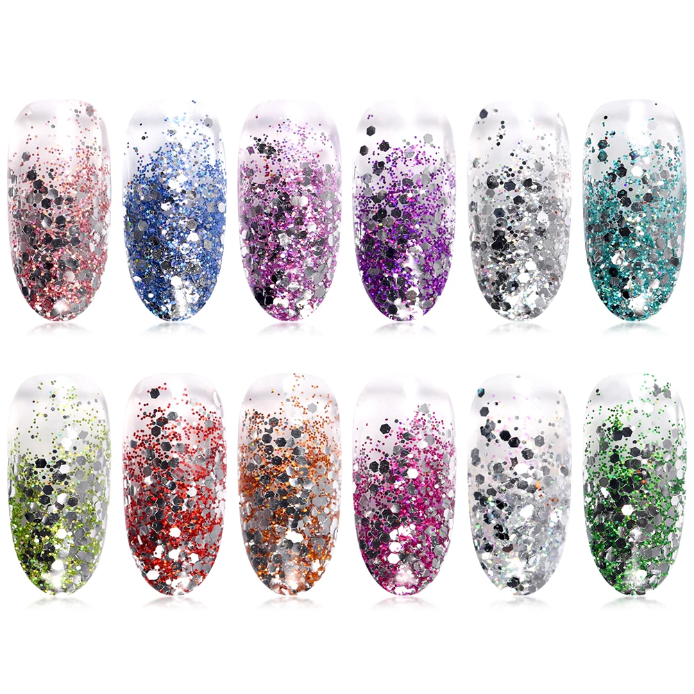 12pcs/Set Laser Silver Nail Art Powder 12 Colors Glitter High Gloss Chrome Pigment Flake Dust Manicure Supplies&Accessories Tool