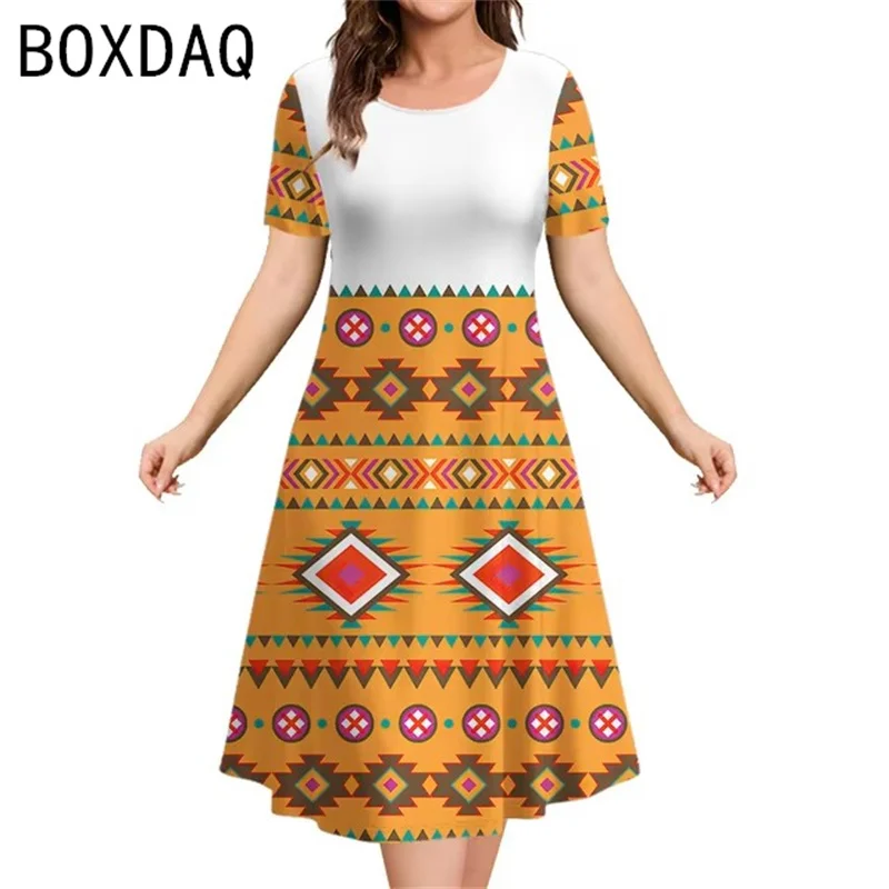 3D Vintage Ethnic Style Elegant A-Line Dress Oversized 3XL Women Short Sleeve O-Neck Casual Dress Letter Printed Casual Dresses