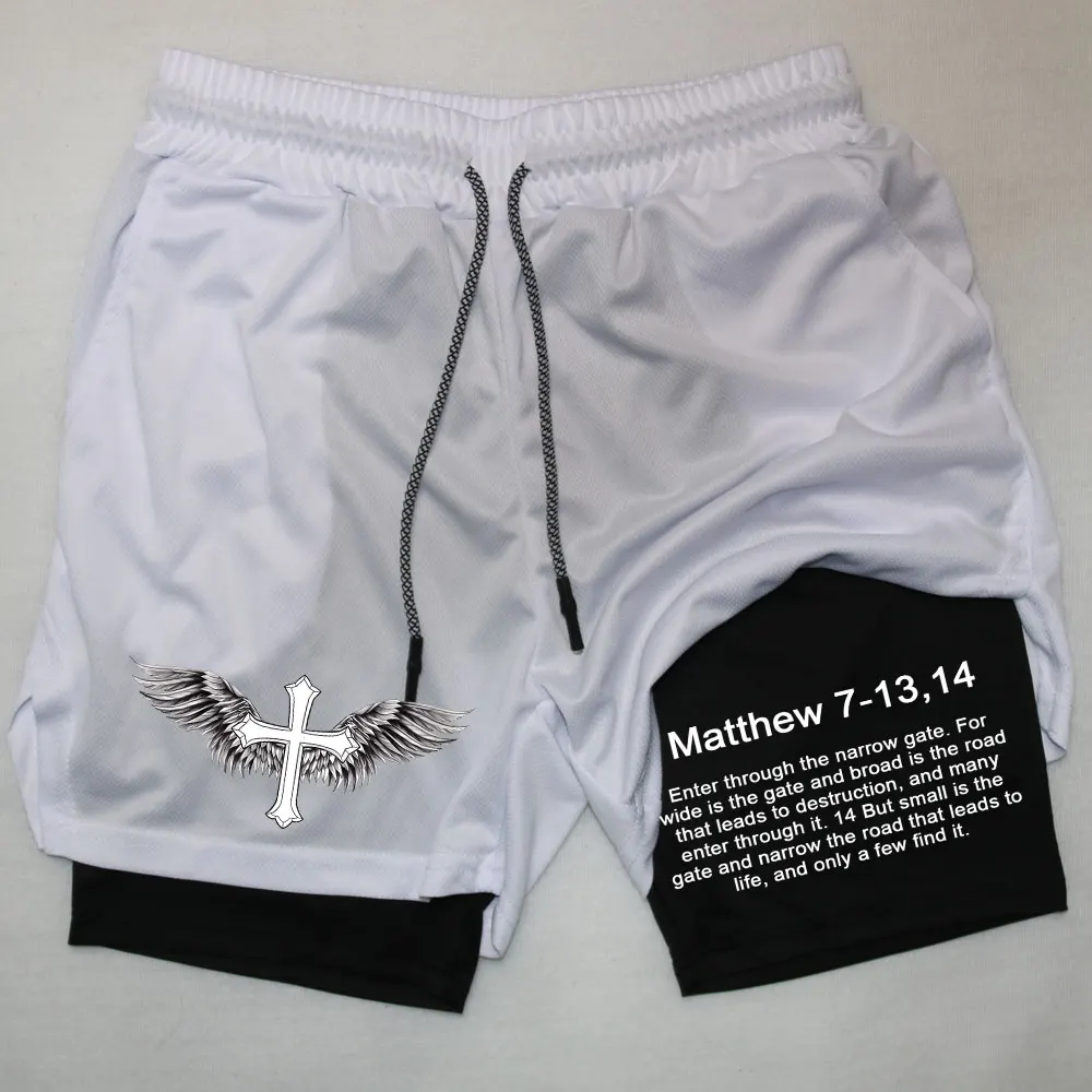 Men Performance Shorts Bible Printed GYM Casual Sports Compression Workout Running Mesh 2 In 1 Sport Short Pants