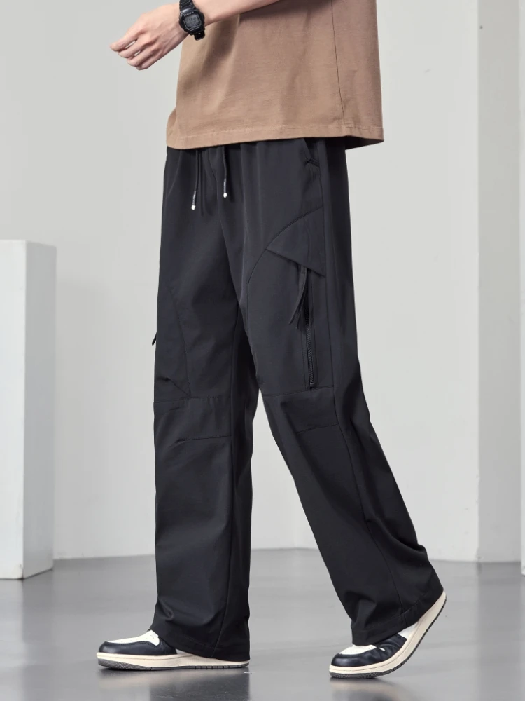 Calça cargo masculina de secagem rápida com bolsos zip tamanho grande 8xl 7xl 6xl verão gelo seda resfriamento moletom solto ajuste calças retas