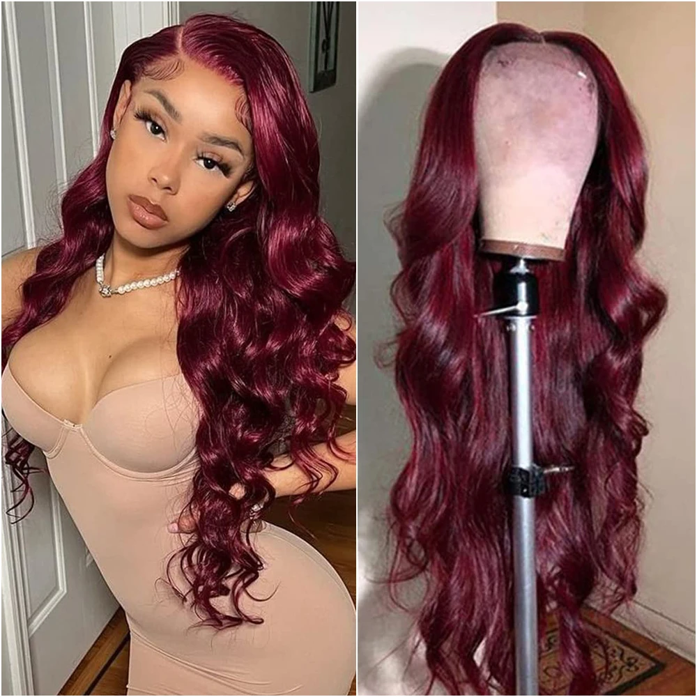 

99j Бордовый 13x6 HD Парик из натуральных волос на кружеве Объемная волна 13x4 Парики спереди на шнуровке Бразильские парики из 100% человеческих волос Плотность 200