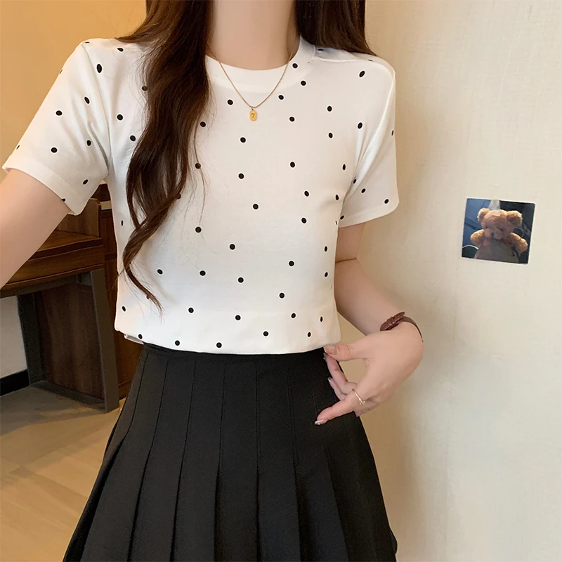 2024 Summer New Style White Short Sleeve Threaded Slim Short Polka Dot Tops T-shirt Women's Clothing Top Tees Y2k Clothes 티셔츠