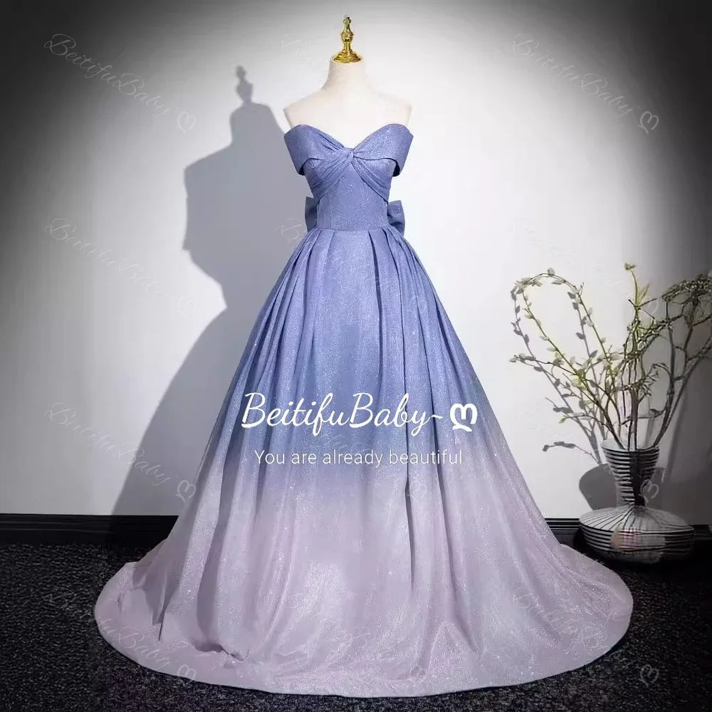 2025 ชุดราตรีสตรี Blue Gradient ปิดไหล่ LACE-up Bow เจ้าหญิงสไตล์ A-Line ชุดจัดเลี้ยง PARTY Dresses vestidos