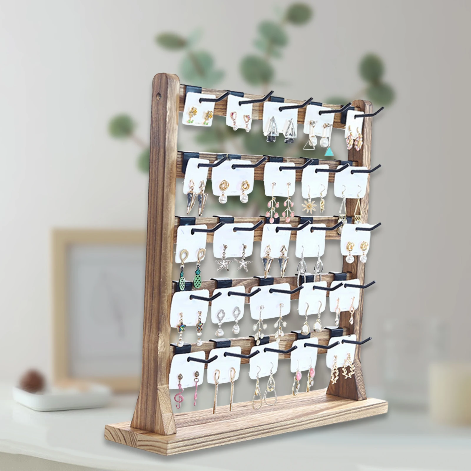 Présentoir à Bijoux En Bois 3 Faces Pliable – 27 Crochets + 100 Cartes Boucles D'Oreilles – Vitrine Pro & Maison