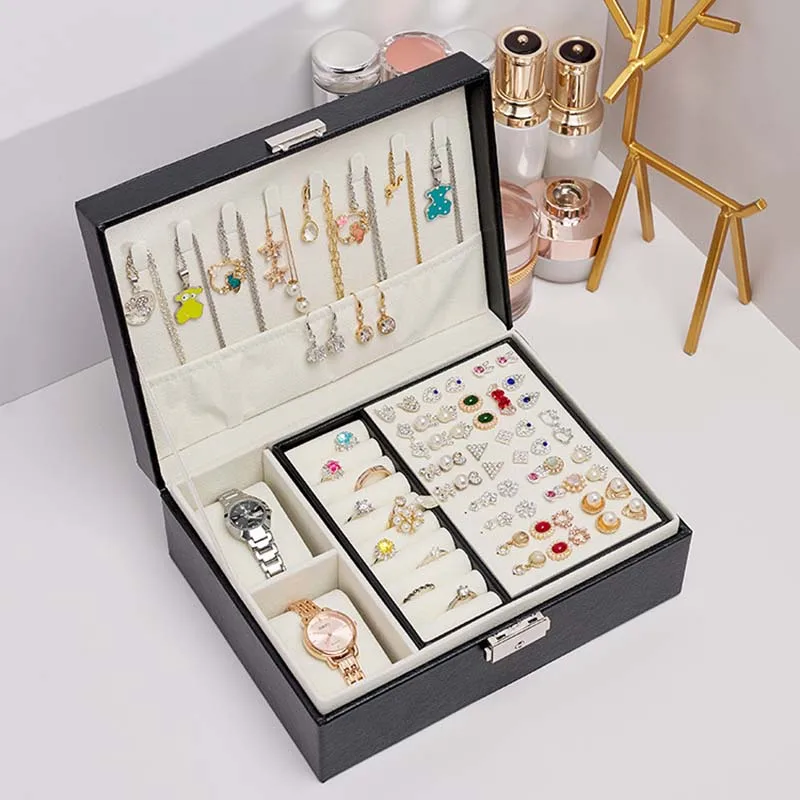 Caja de joyería de viaje, organizador de joyas, pendientes, caja de joyería portátil, cajas con botones, almacenamiento de cuero PU, joyeros Joyero