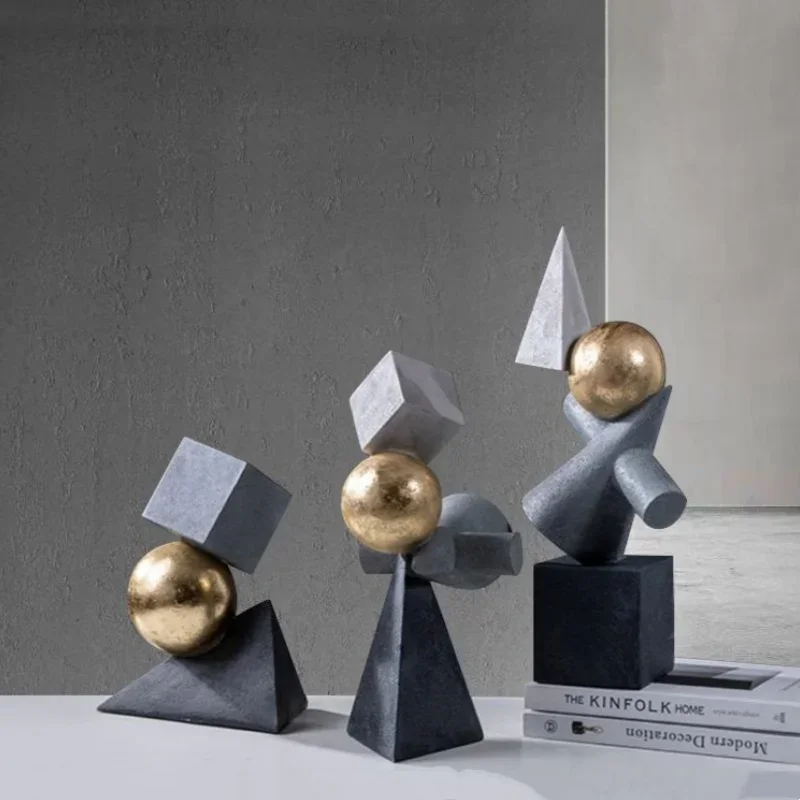 Resin Crafts Geometric Abstract Sculpture Faceted Statues Triangular Gold Balls Decorative Figurines Home Decoration