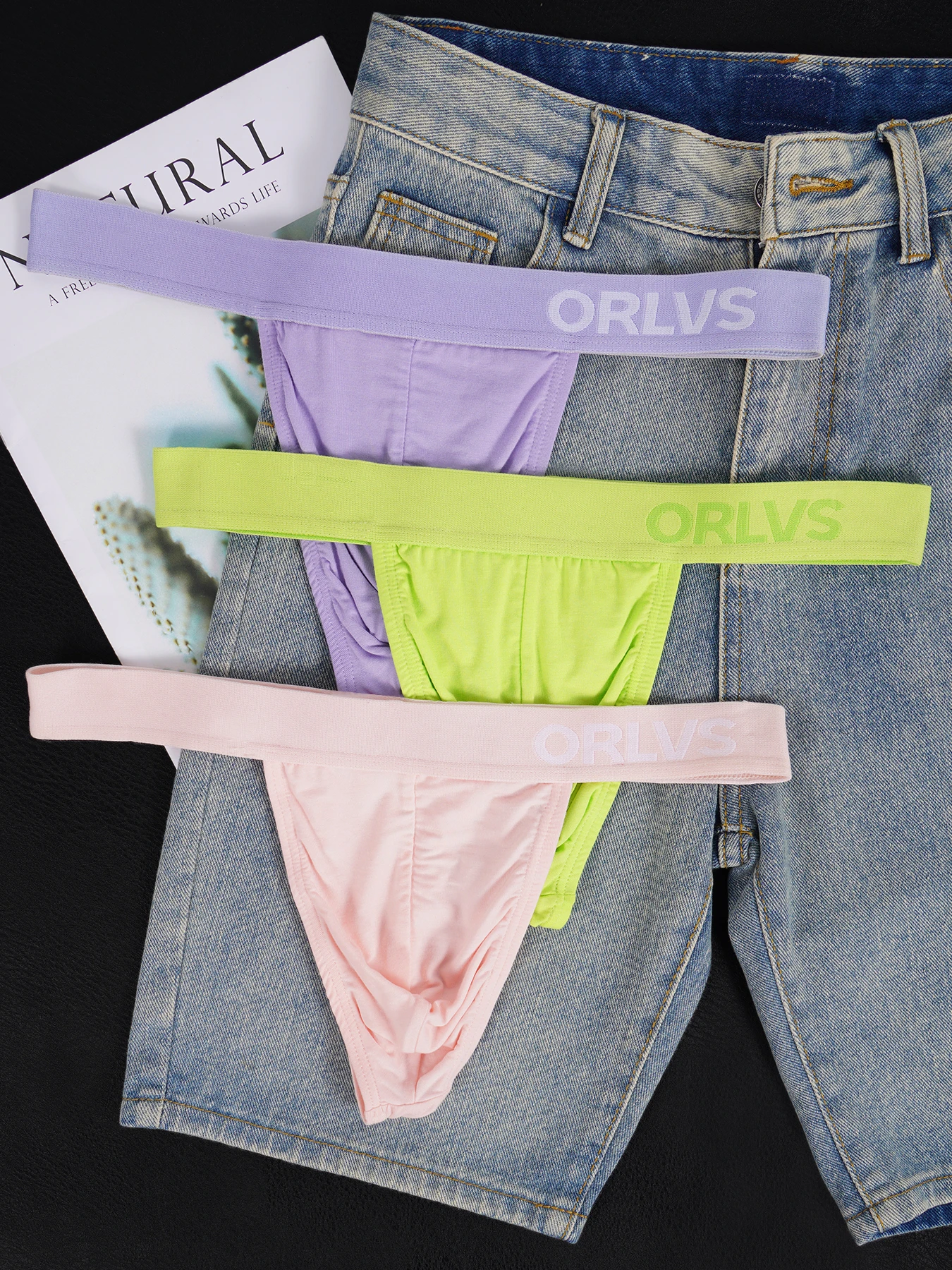 Men's Modal Single Strap Thong, ORLVS Letter Print Wide Waistband Convex Pouch Low Rise Sexy Underwear