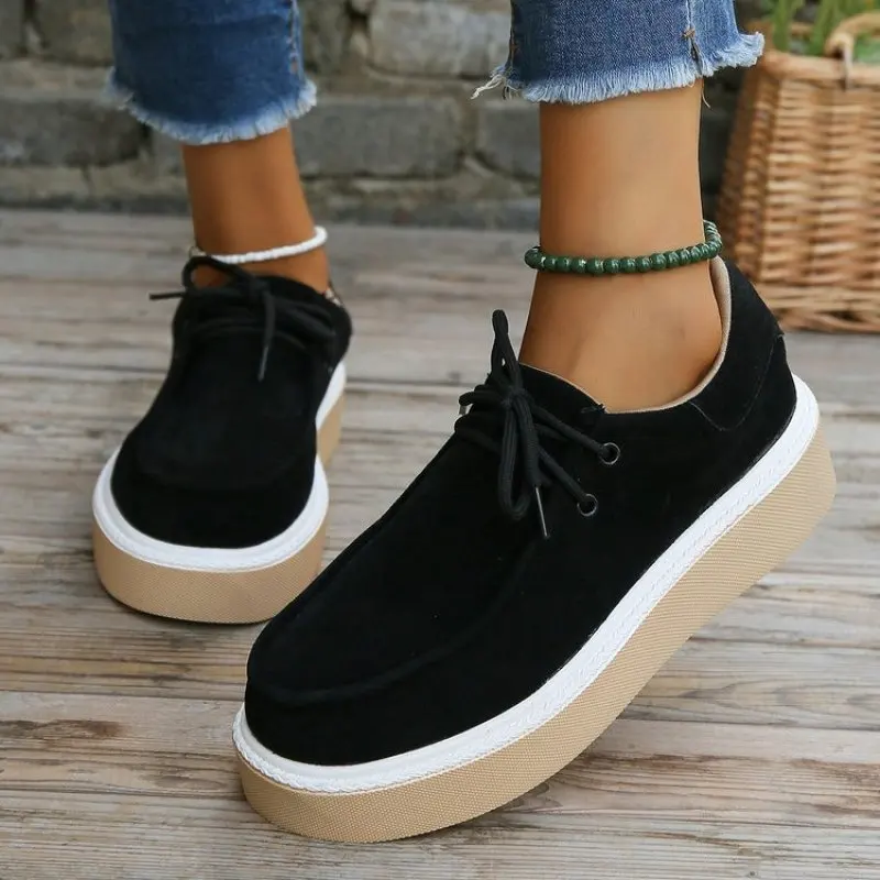 Sepatu kets Suede wanita, sepatu Platform ujung bulat, sepatu Sneakers bertali, datar, musim semi, luar ruangan, lari, kasual, divulkanisir