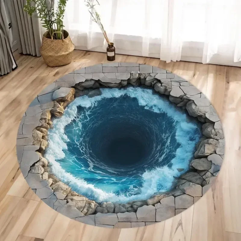 3D Underwater World Round Carpet - Broken Floor Design with Sharks & Fish, Non-Slip & Durable Rug, Stunning Visual Effect