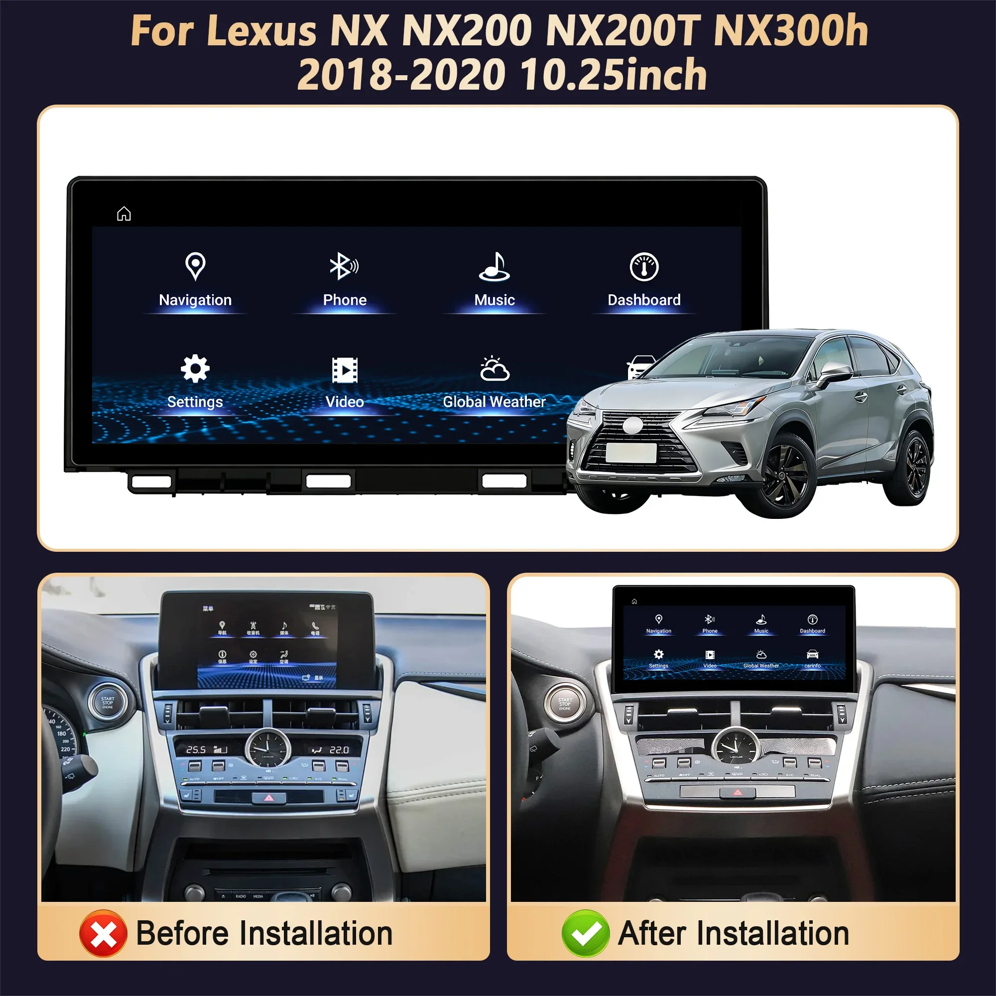 10.25'' Touch Screen GPS Navi For Lexus NX NX200 NX200T NX300h 2018-2020 Snapdragon 685 Carplay Car Radio Multimedia Android 14